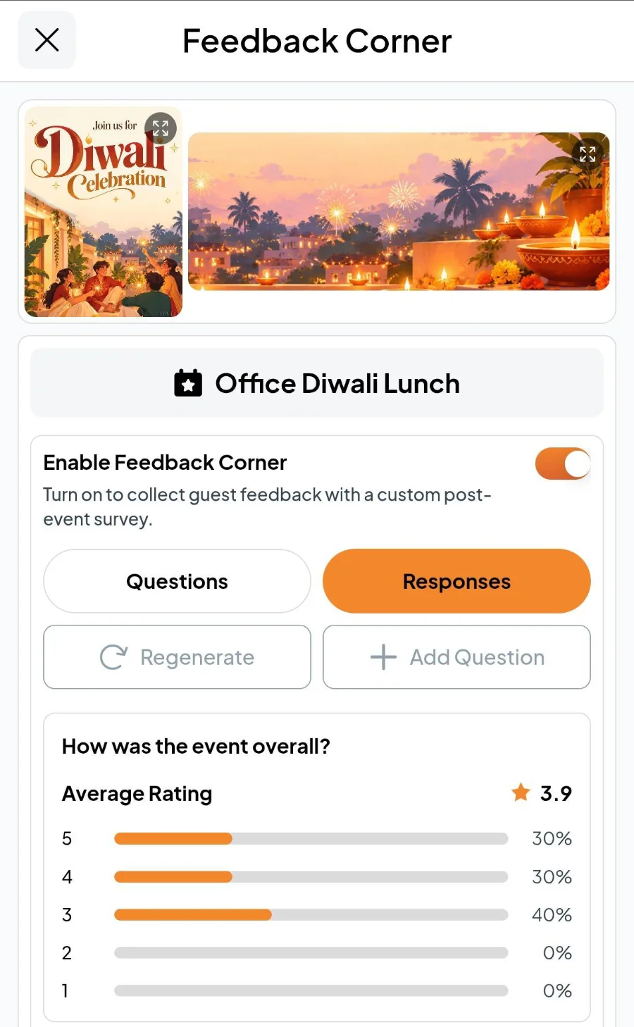 Fast Party Feedback Corner on a phone for the Office Diwali Lunch with an average rating of 3.9