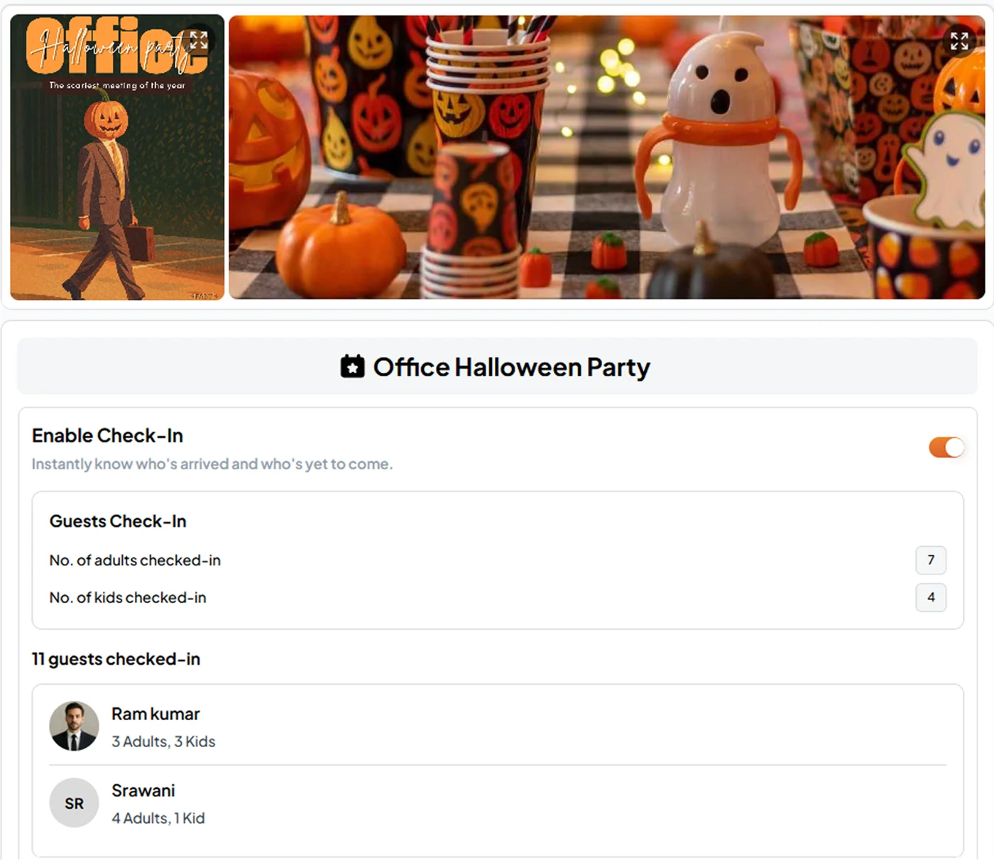 Fast Party check-in screen with adult and kid counts