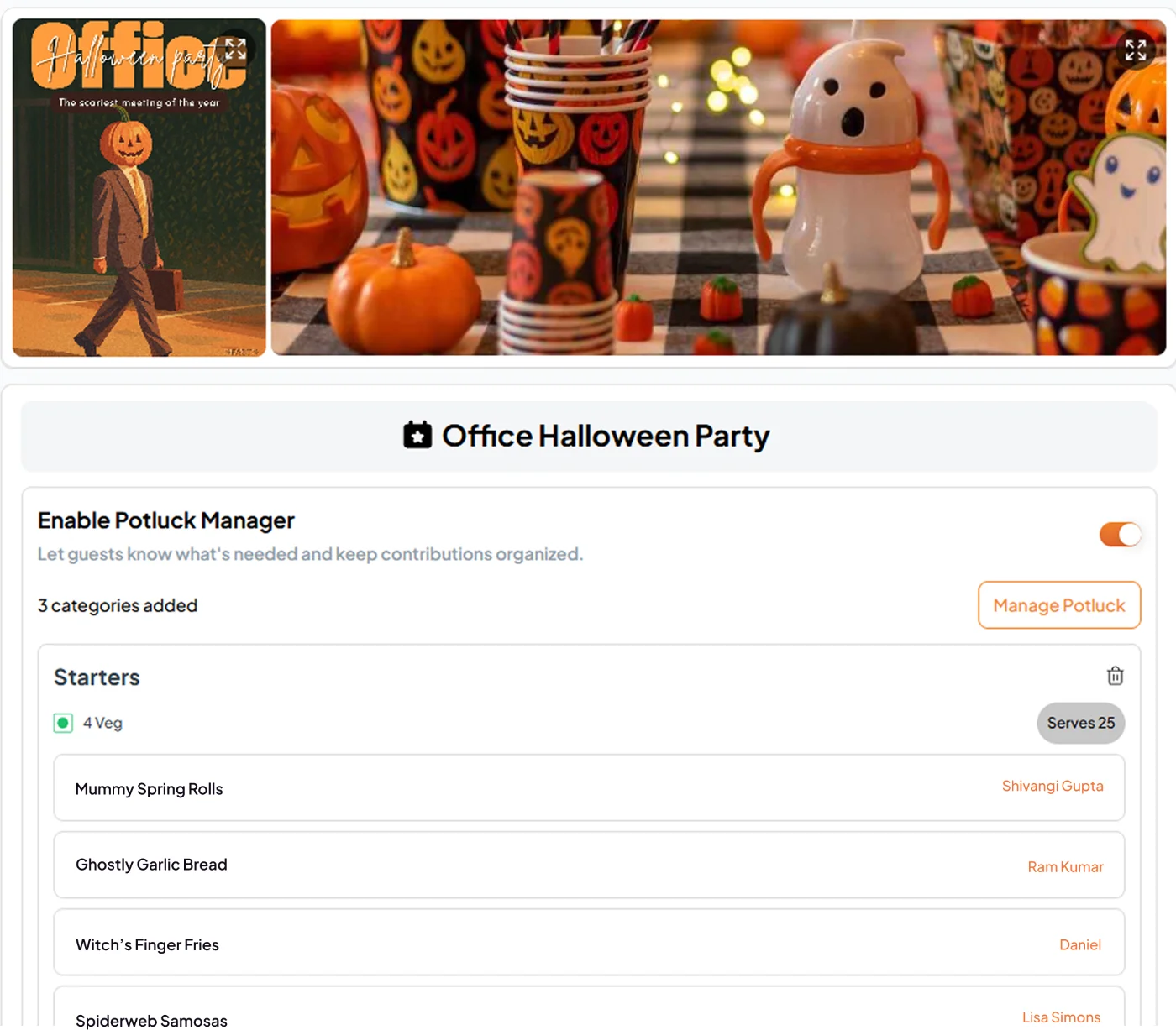 Fast Party Potluck Manager showing dishes claimed by category