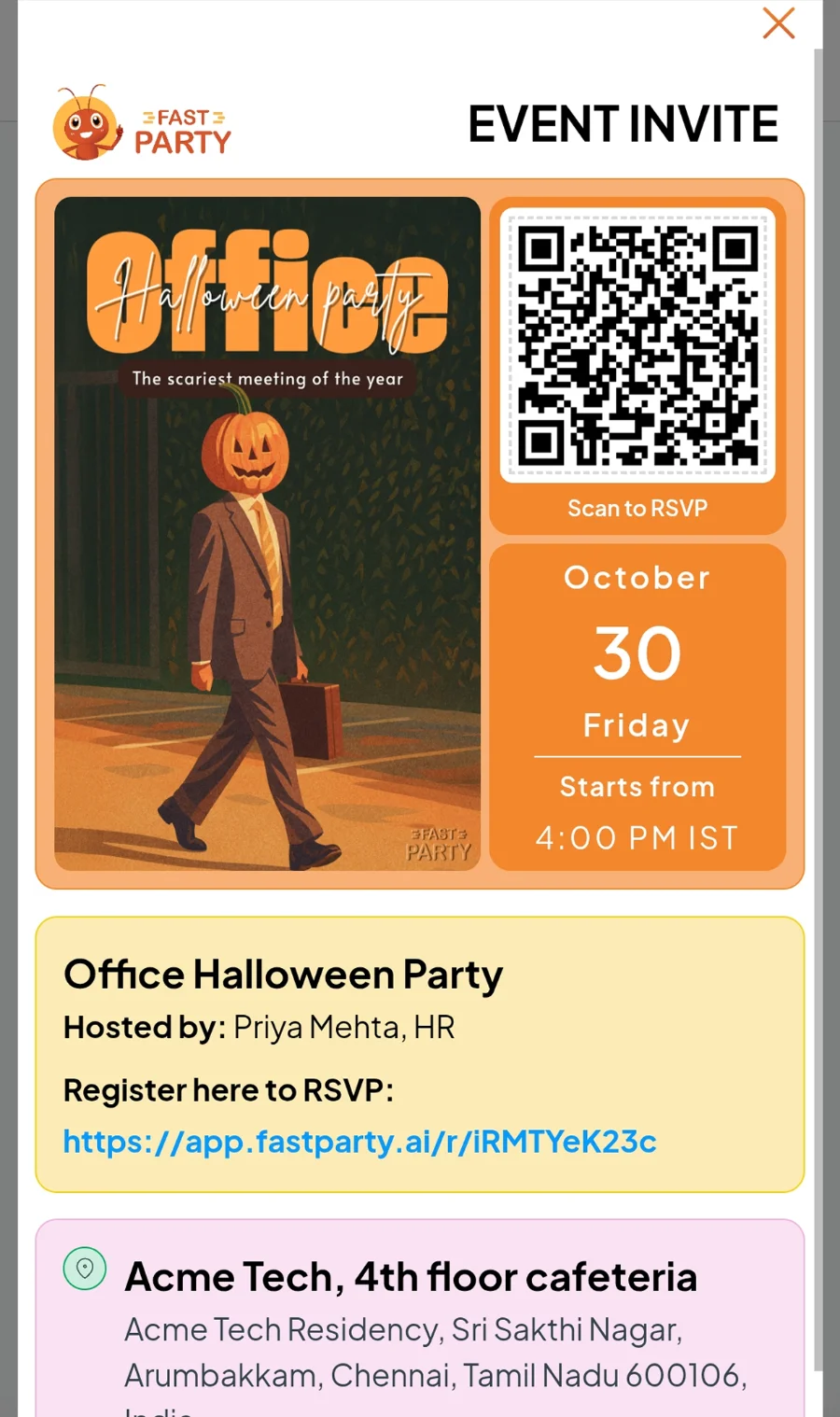 Fast Party invite screen with share link and QR code