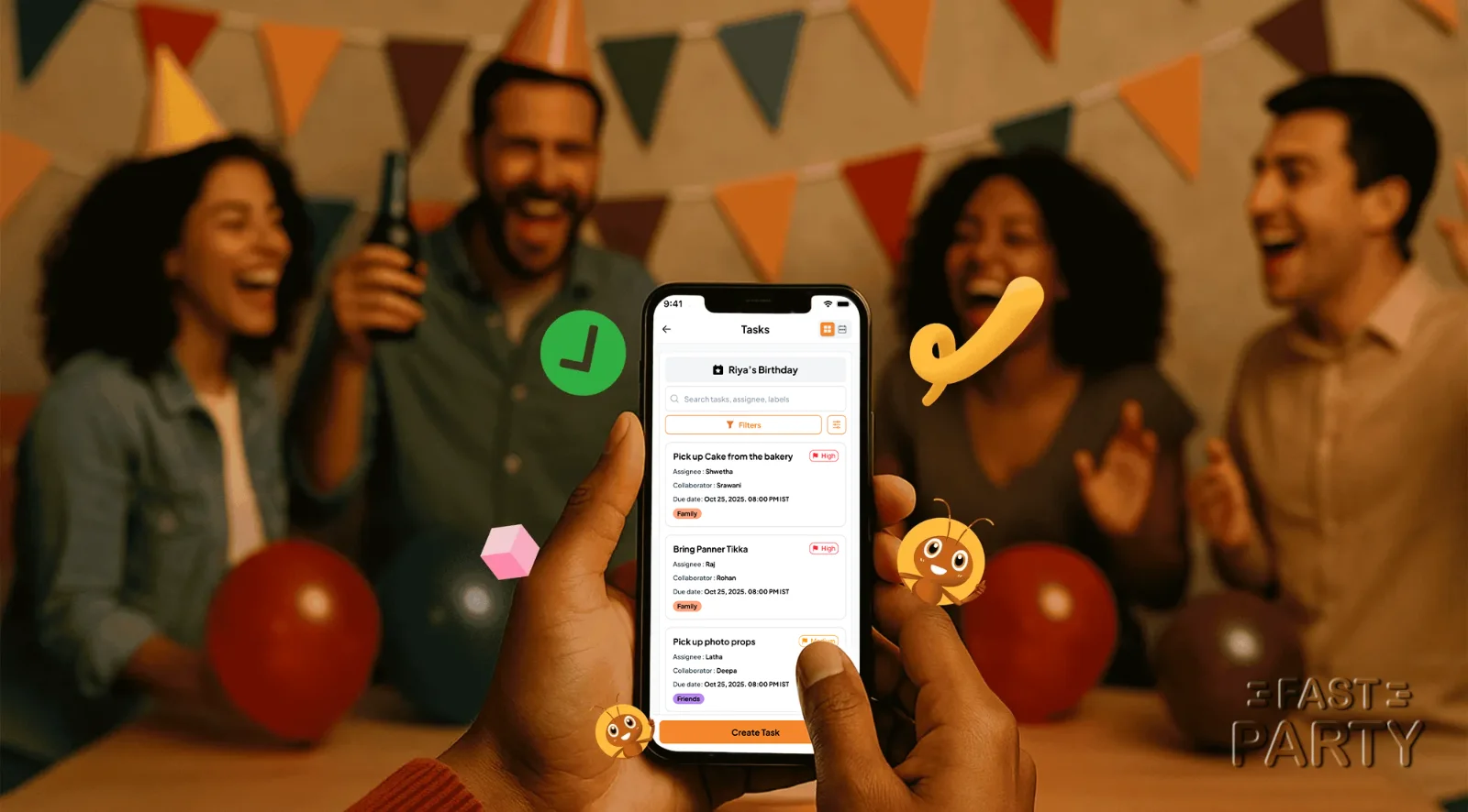 Friends celebrating at a party while the host checks the Fast Party task list on a phone