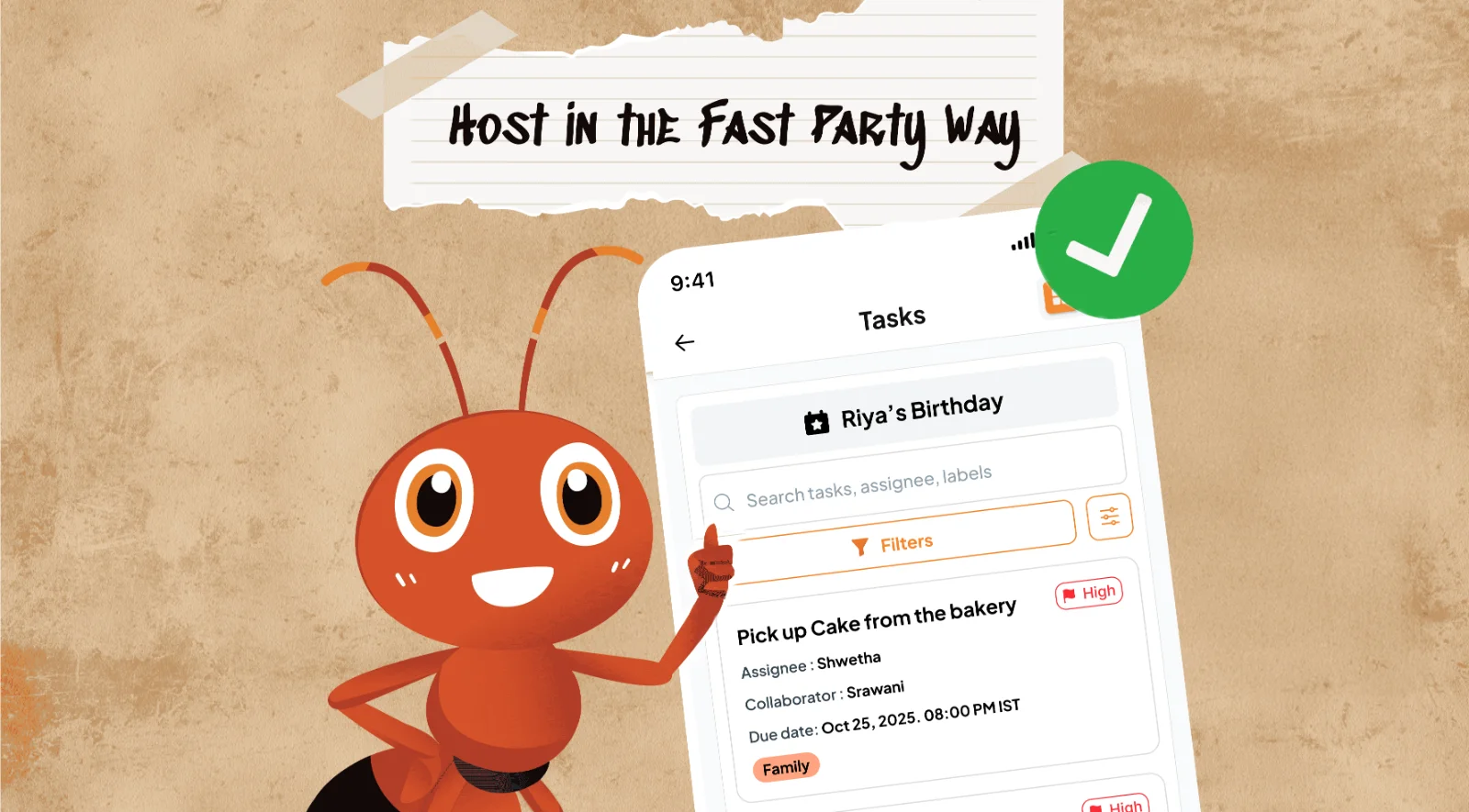 Antsy the Fast Party ant giving a thumbs up next to a completed task list