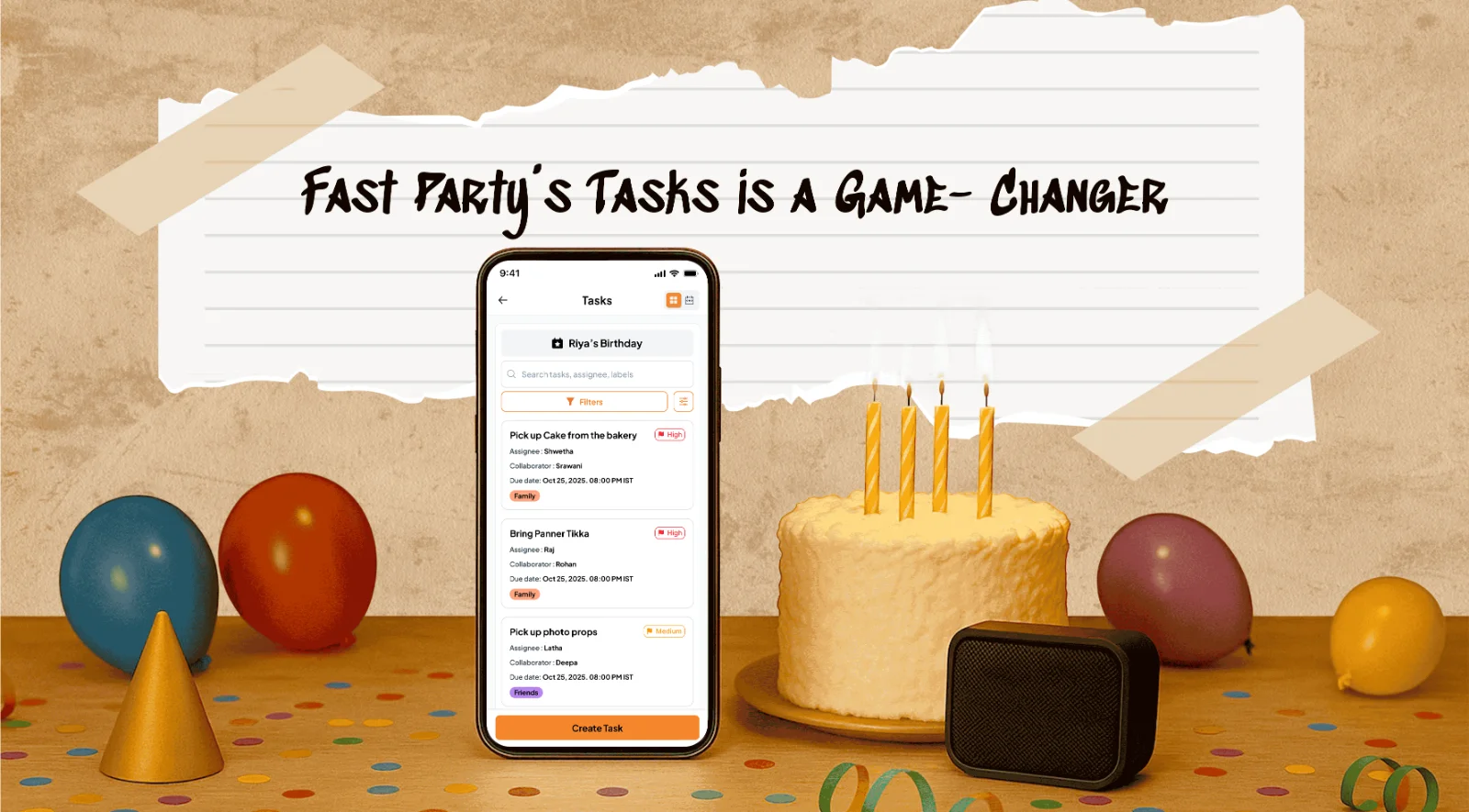 Fast Party task list on a phone next to a birthday cake, balloons and a speaker