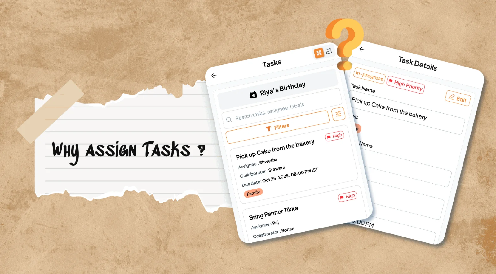 Why assign tasks: a Fast Party task list for Riya's Birthday with Pick up cake from the bakery