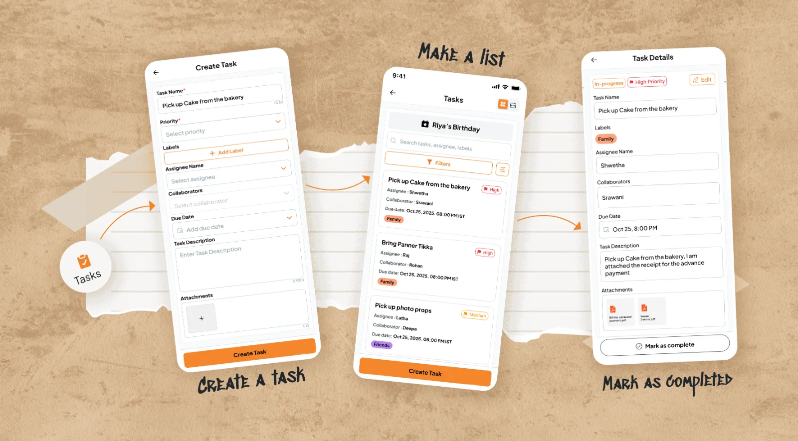 Three Fast Party screens: create a task, make a list, mark as completed