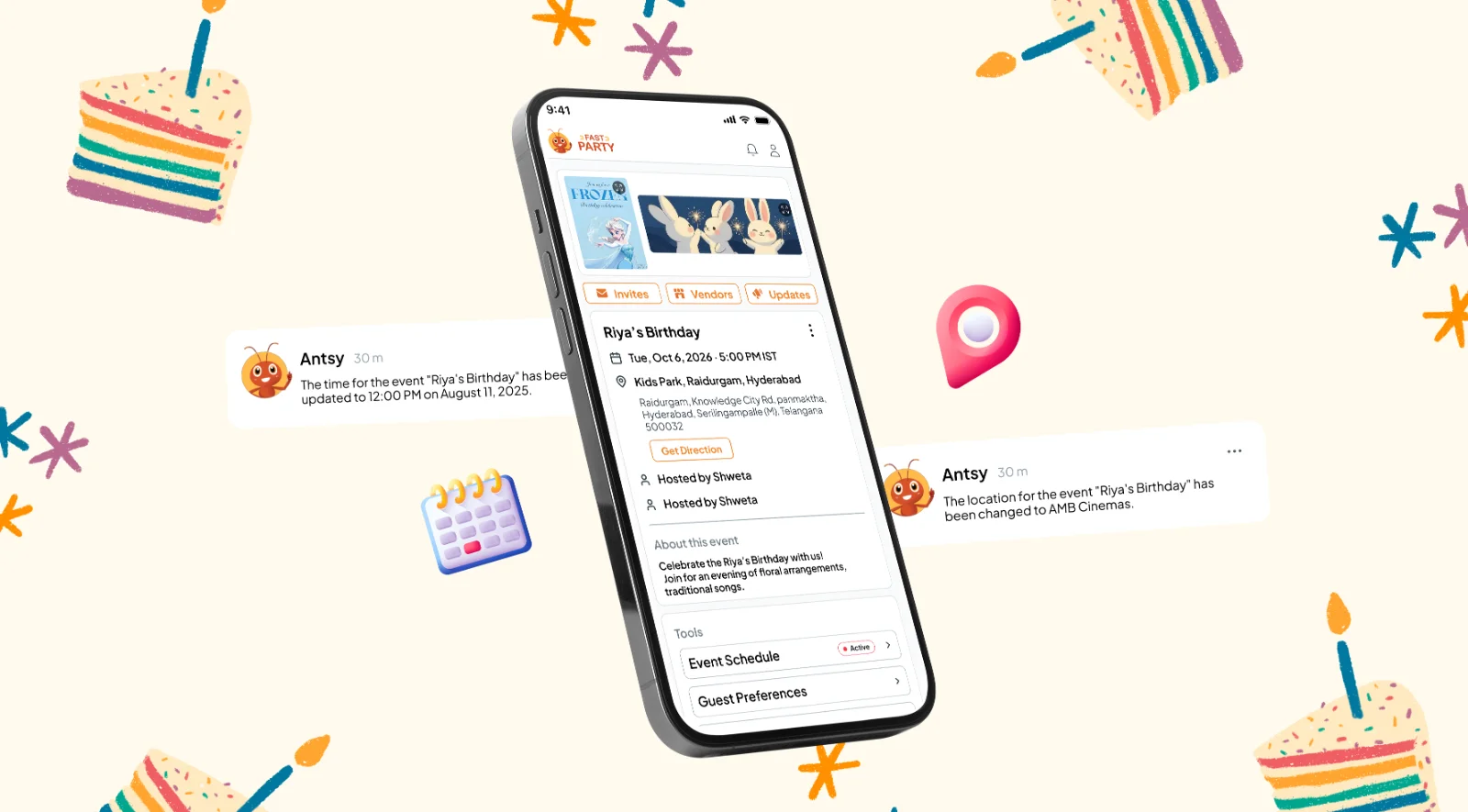 Notifications telling guests the time and location of Riya's Birthday have changed