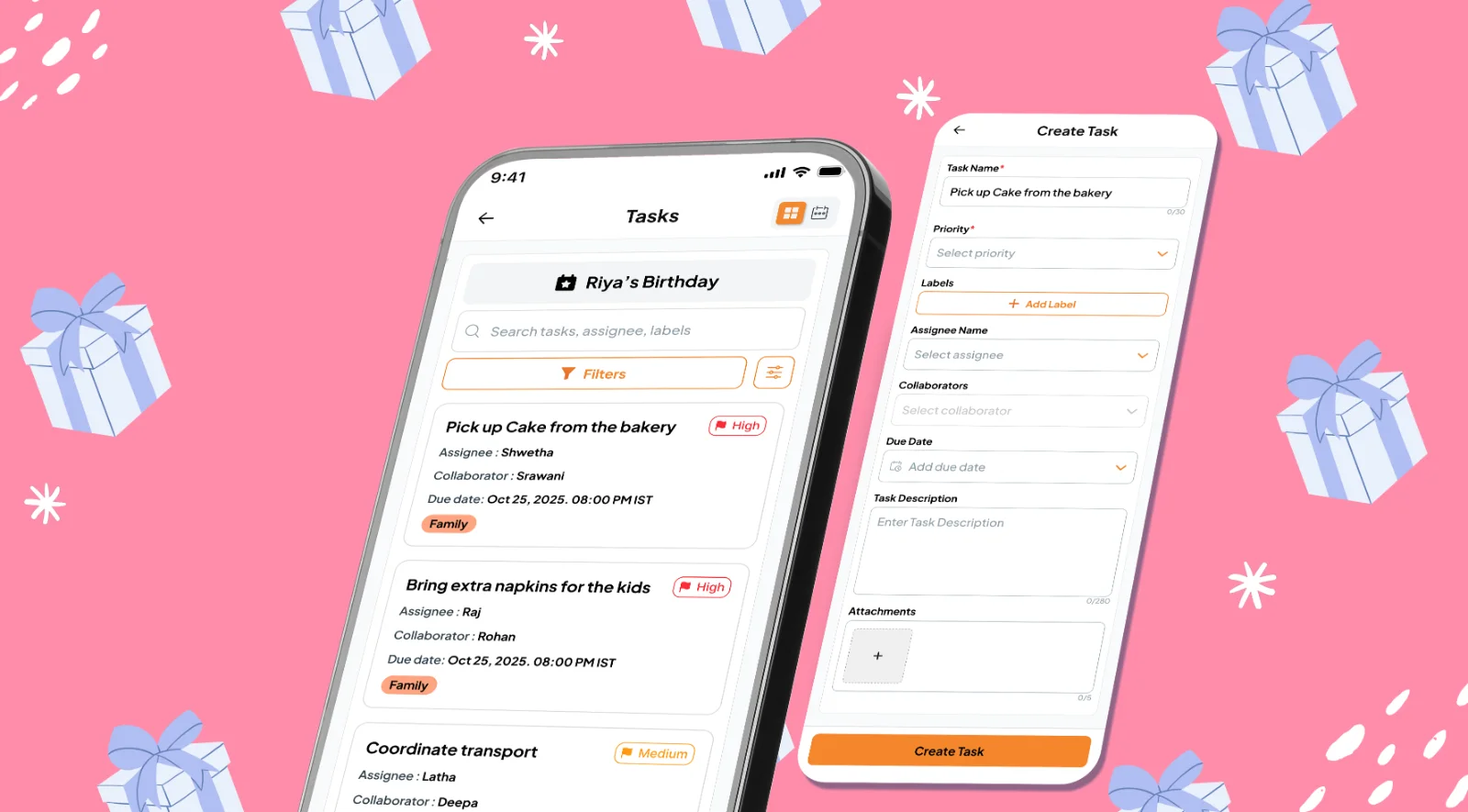 Fast Party task list for Riya's Birthday with Pick up cake from the bakery and Bring napkins for the kids