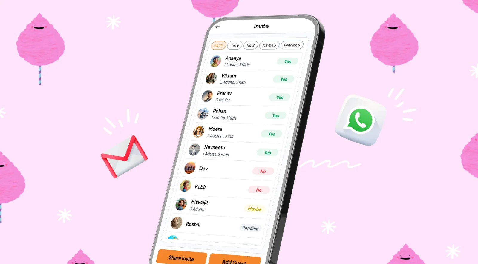 Fast Party guest list with RSVPs, next to WhatsApp and Gmail icons