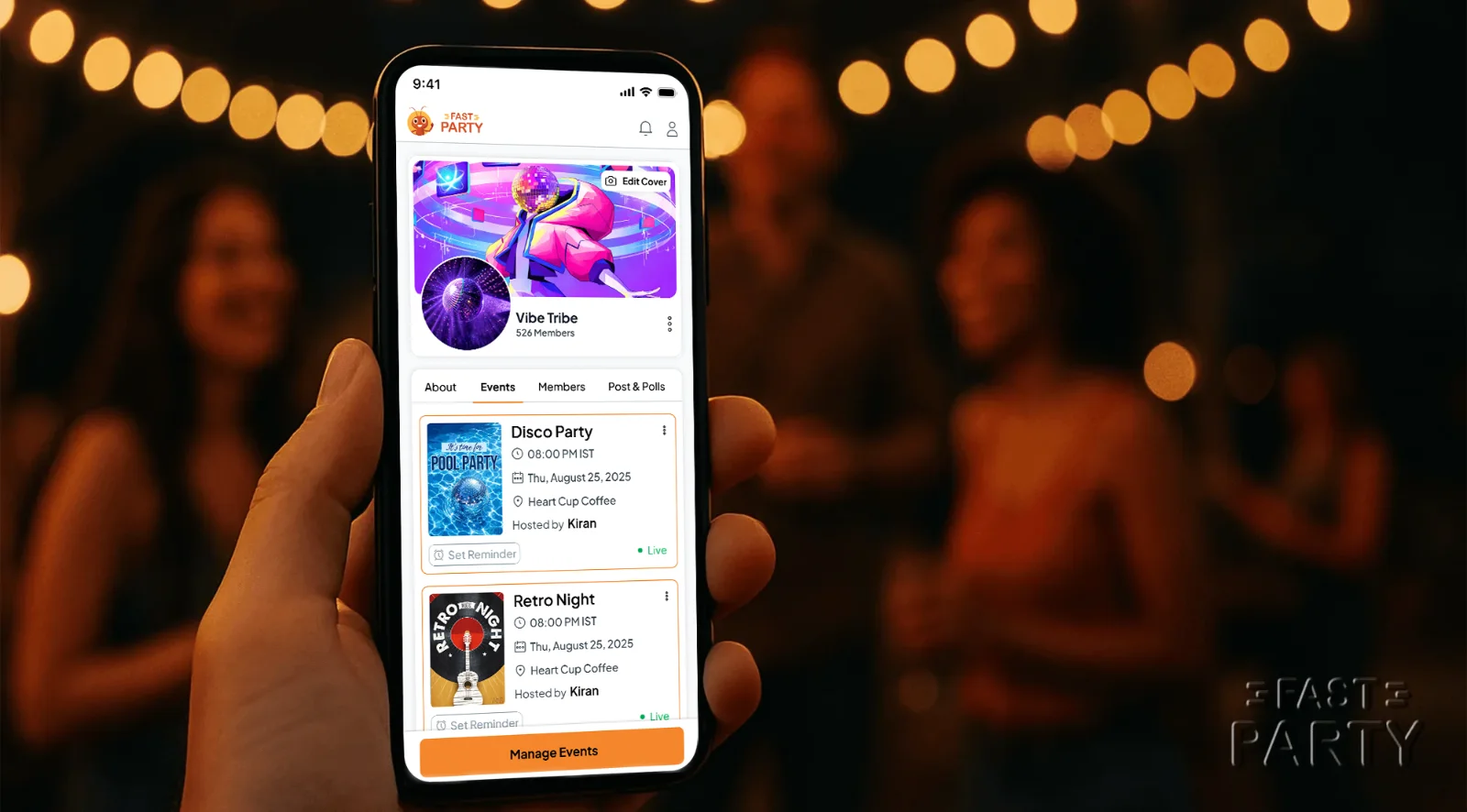 A hand holding a phone showing a Fast Party Circle with upcoming events, friends at a party behind