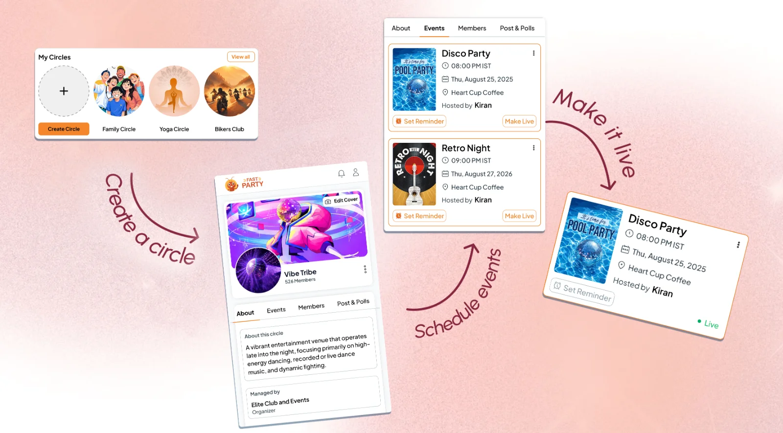 Create a Circle, schedule events, make them live: three Fast Party screens