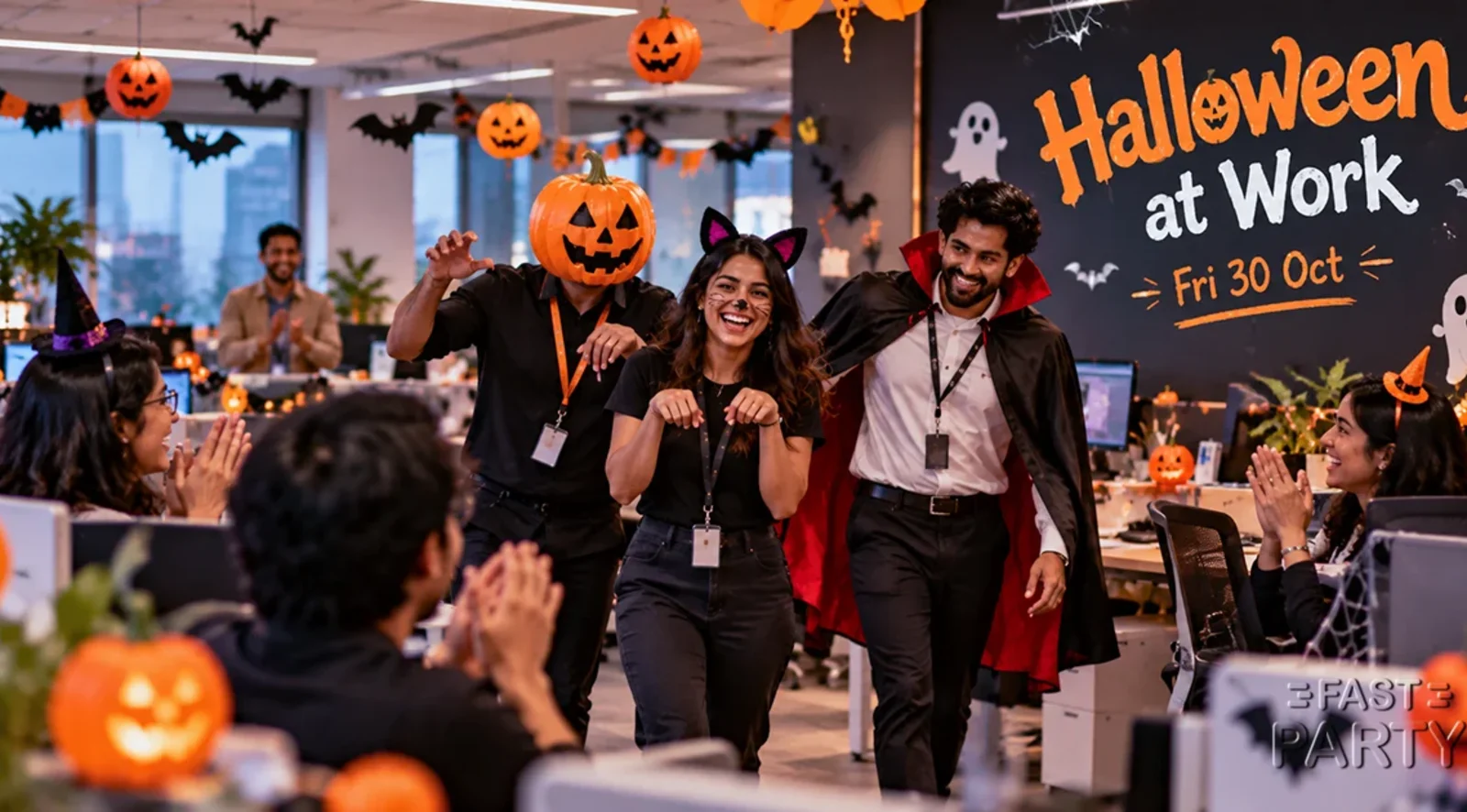 Colleagues in Halloween costumes celebrating at the office