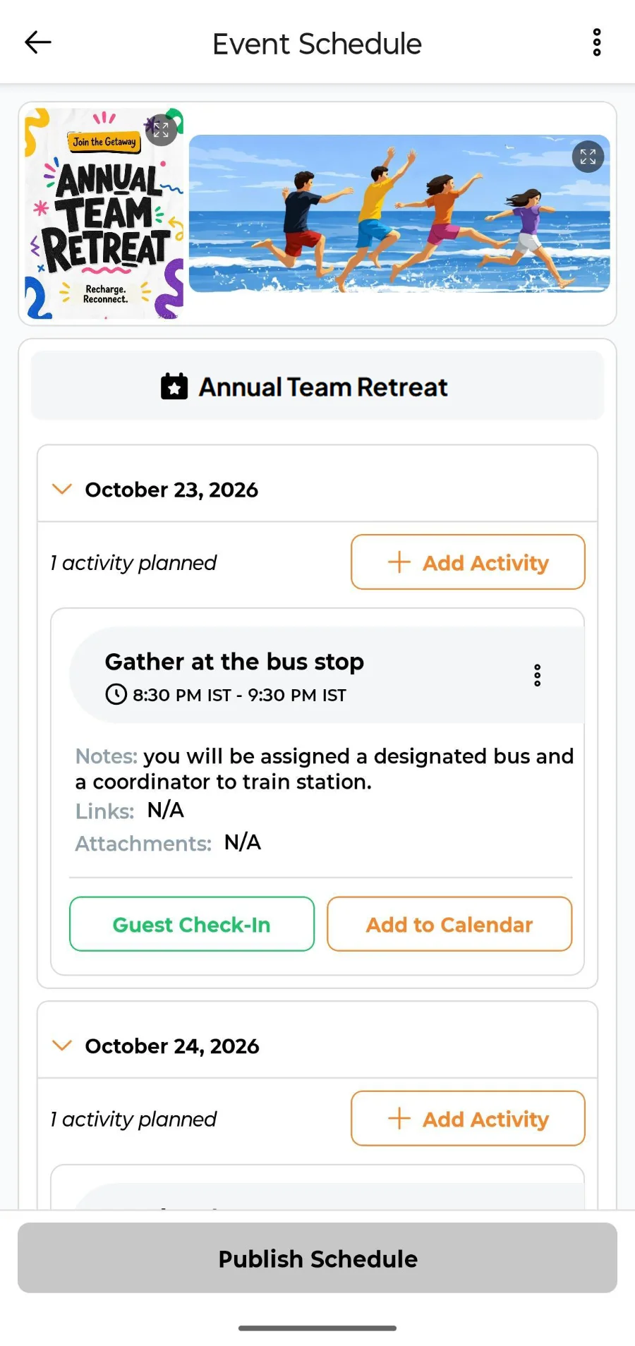 Fast Party Event Schedule for an Annual Team Retreat with a day-by-day plan