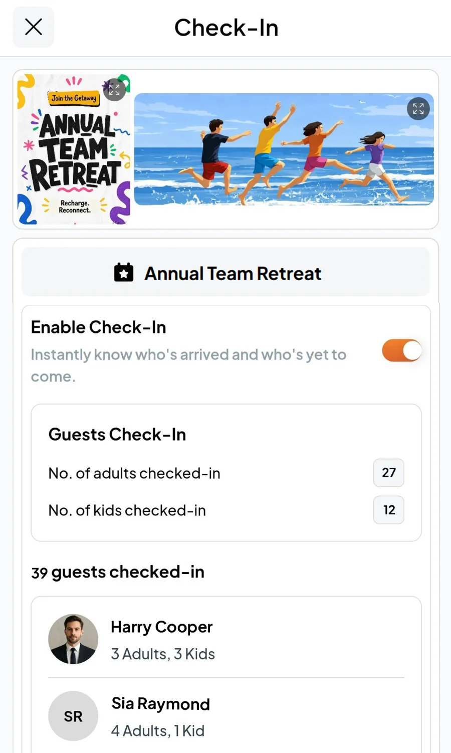 Fast Party Check-In for an Annual Team Retreat showing who has checked in