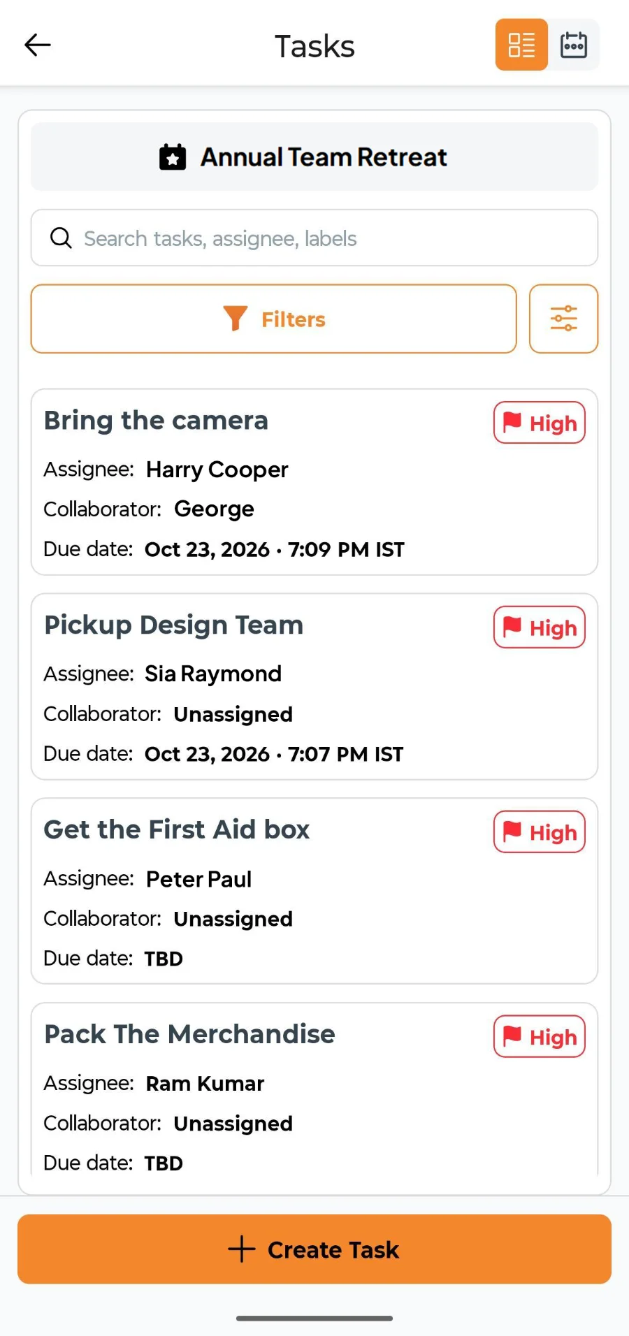 Fast Party task board for an Annual Team Retreat with owners, priorities and due dates
