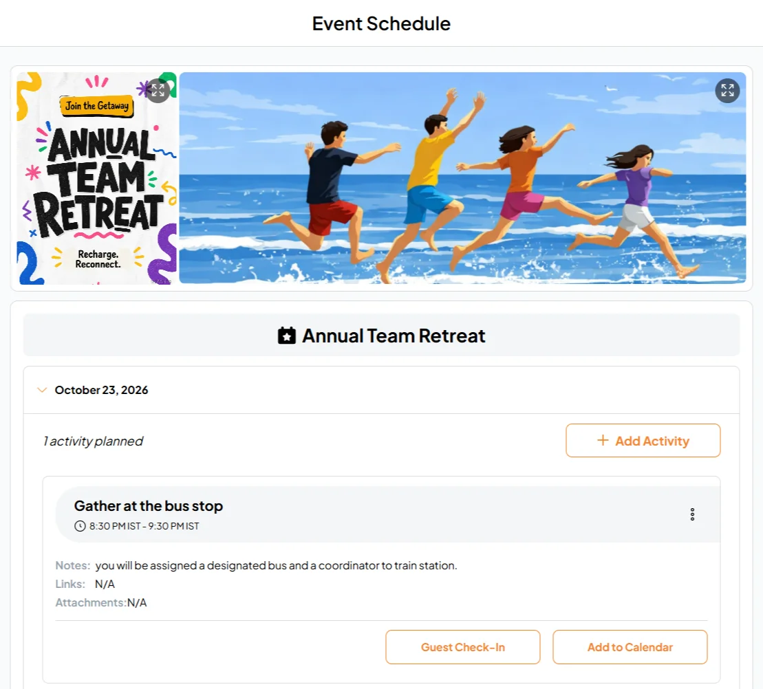 Fast Party Event Schedule for an Annual Team Retreat with a day-by-day plan