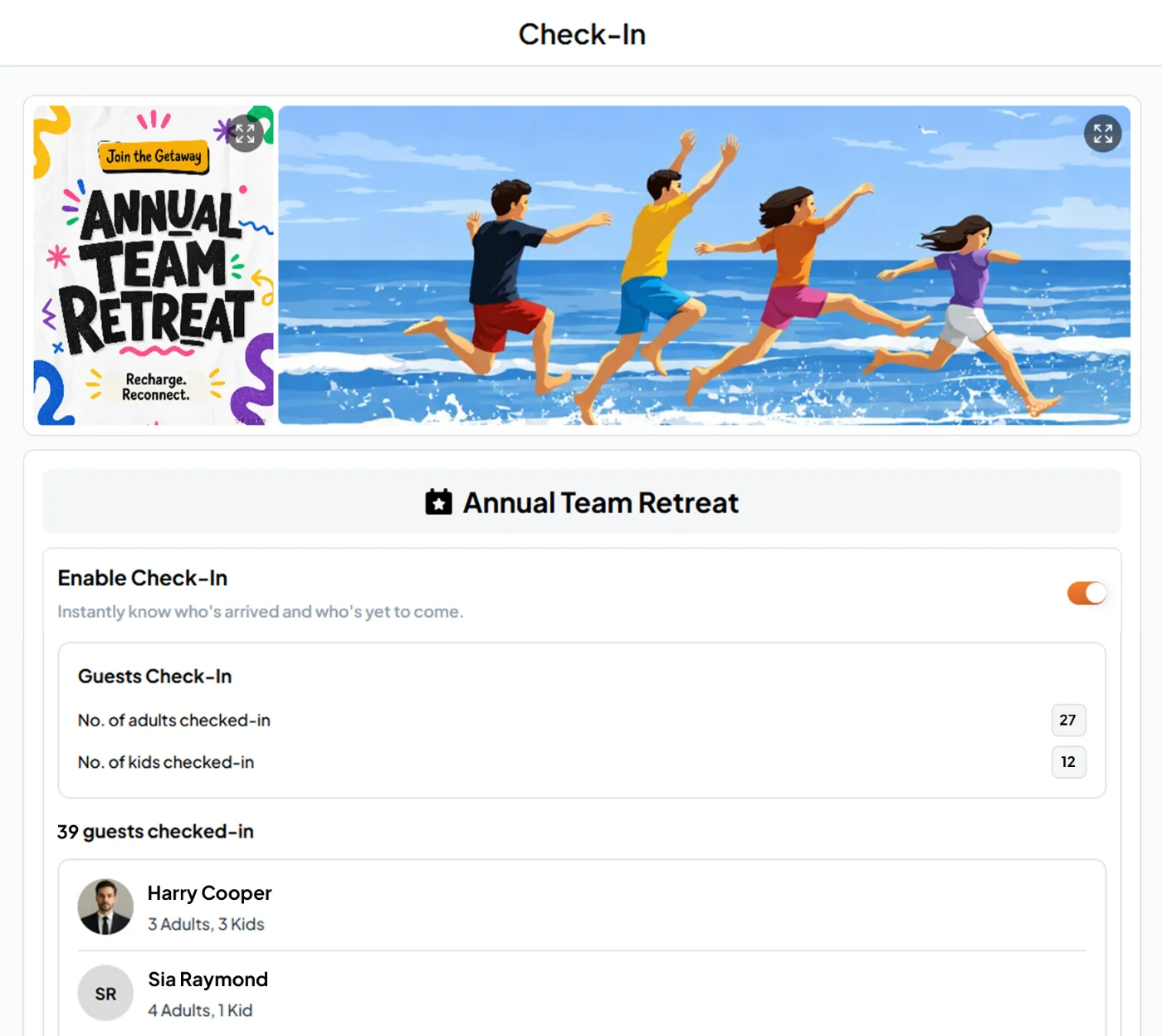 Fast Party Check-In for an Annual Team Retreat showing who has checked in