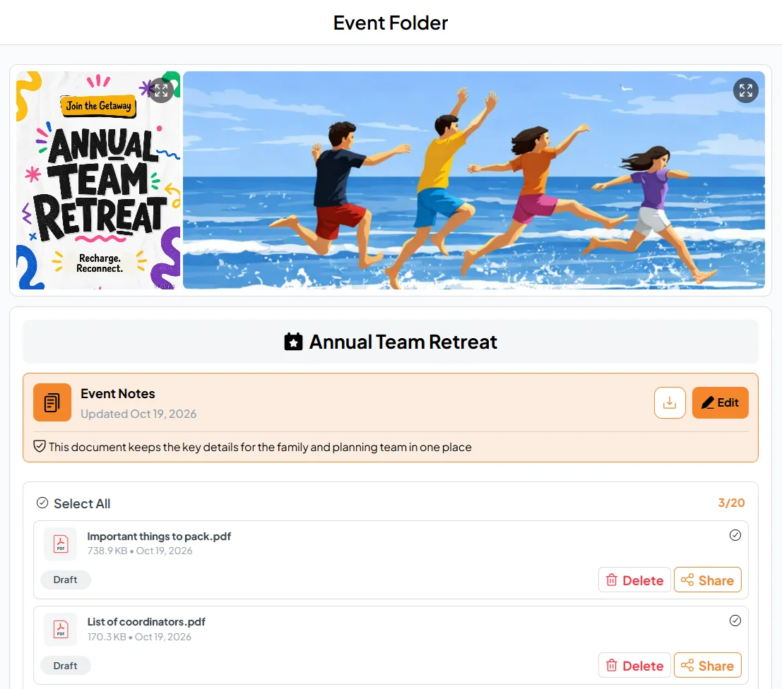 Fast Party Event Folder for an Annual Team Retreat with a packing list and a list of coordinators