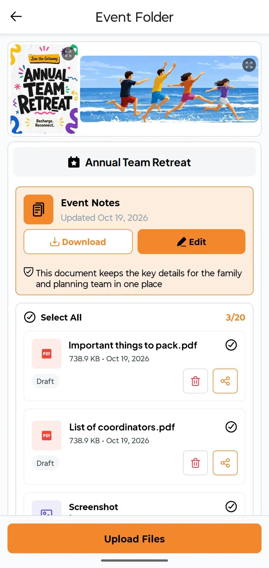 Fast Party Event Folder for an Annual Team Retreat with a packing list and a list of coordinators