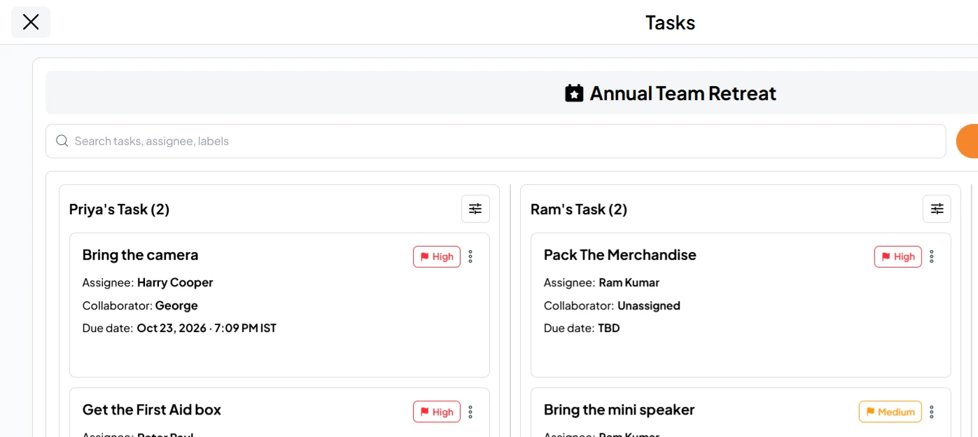 Fast Party task board for an Annual Team Retreat with owners, priorities and due dates
