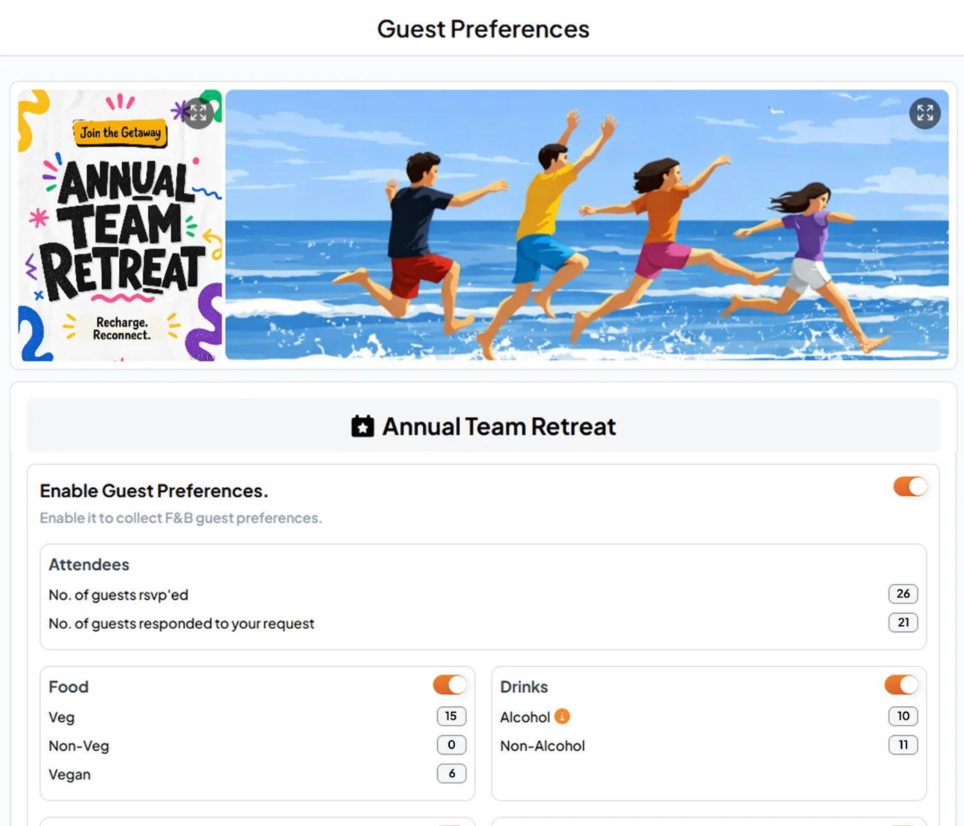 Fast Party guest preferences for an Annual Team Retreat with food, drinks, allergy and favorite cuisine totals