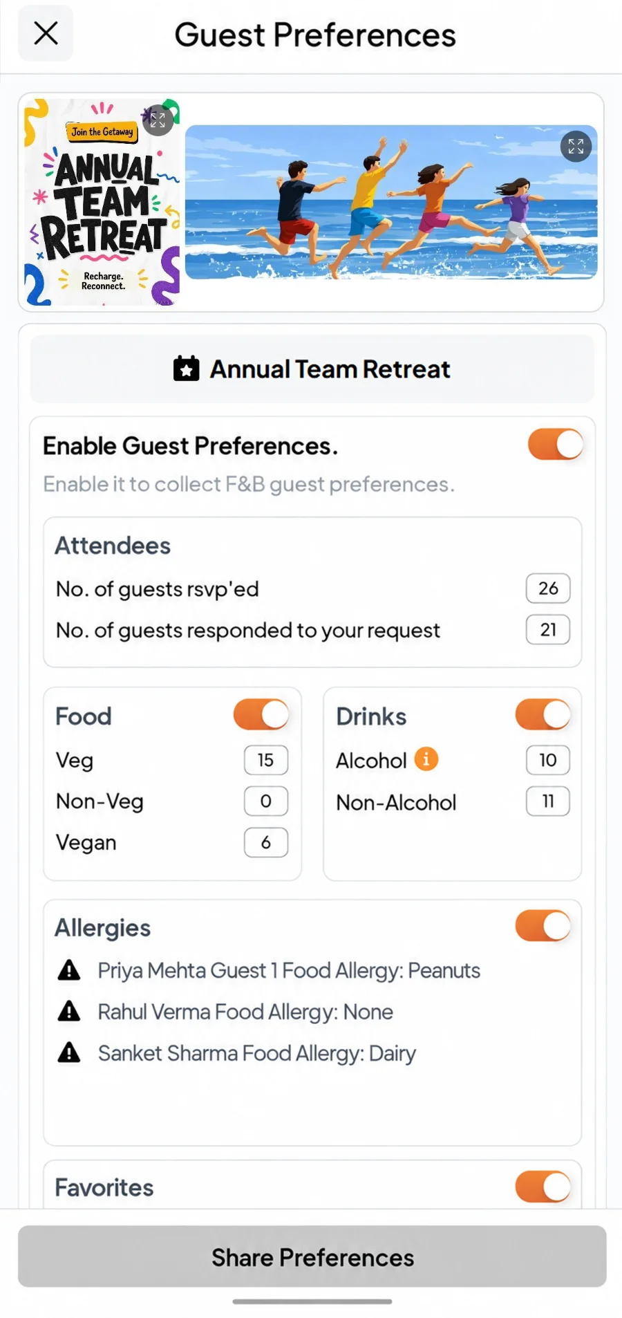 Fast Party guest preferences on a phone for an Annual Team Retreat with food, drinks and allergy totals
