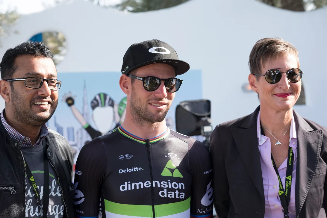 Pro cyclists meeting guests at a team launch
