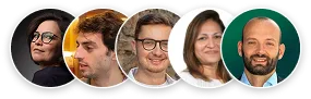 A collage of five headshots of past client in a circle next to each other