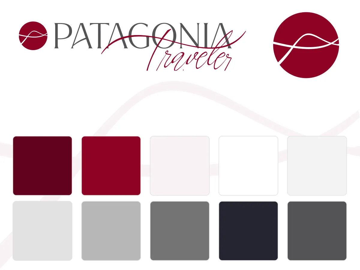 Patagonia Traveler logo with burgundy circular icon, script and serif text, and a palette of ten squares in shades of burgundy, white, gray, and black.