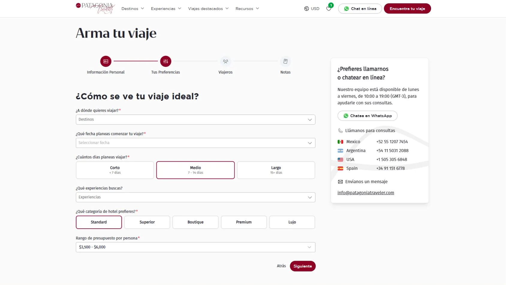 Online travel form titled 'Build your trip' with fields for destination, start date, trip length, experiences, hotel category, and budget range, plus contact info including phone numbers for Mexico, Argentina, USA, and Spain.