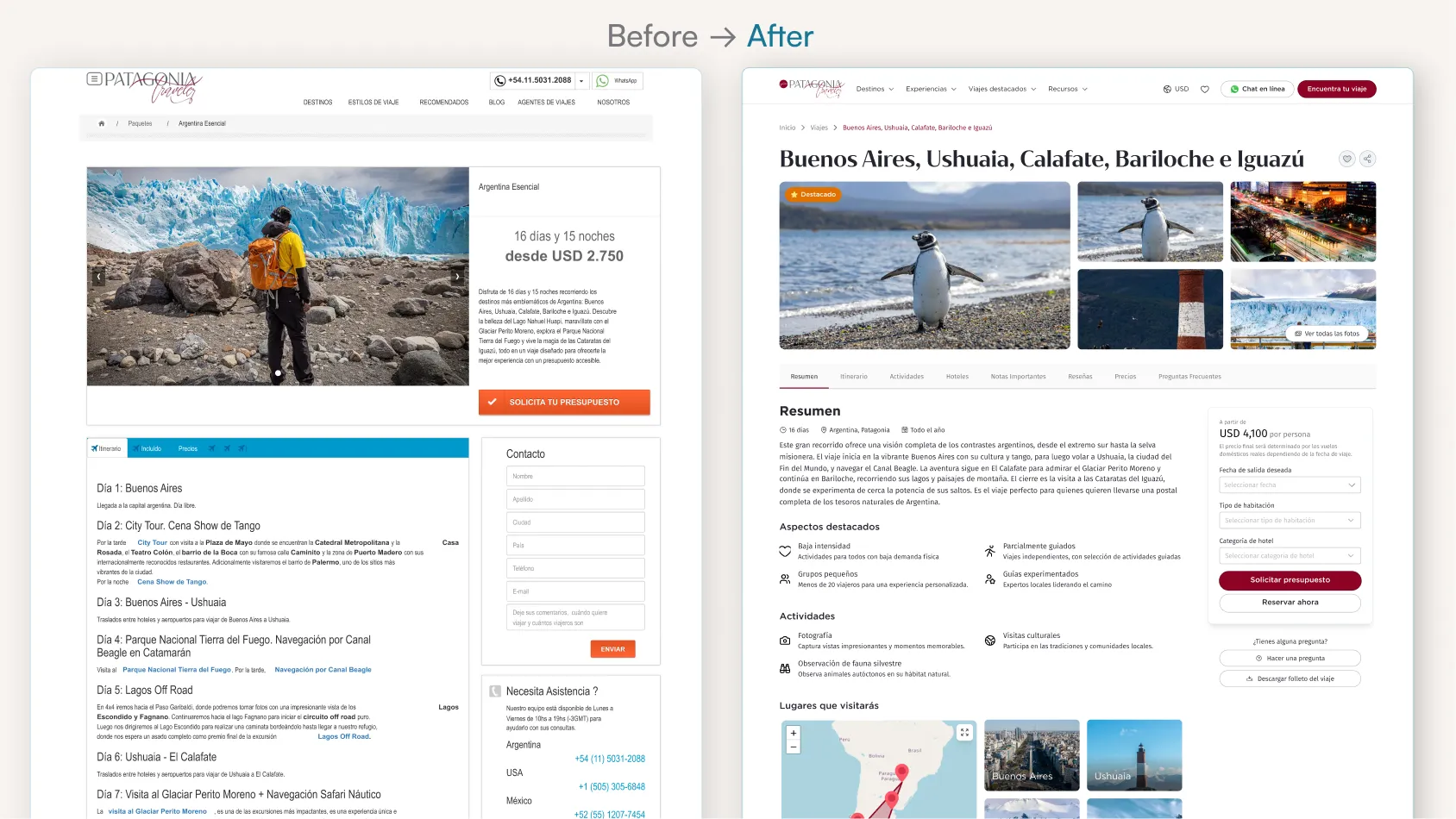 Website redesign comparison showing a travel package page before with a simple layout and after with a modern, image-rich interface for Argentina tours including Buenos Aires, Ushuaia, Calafate, Bariloche, and Iguazú.