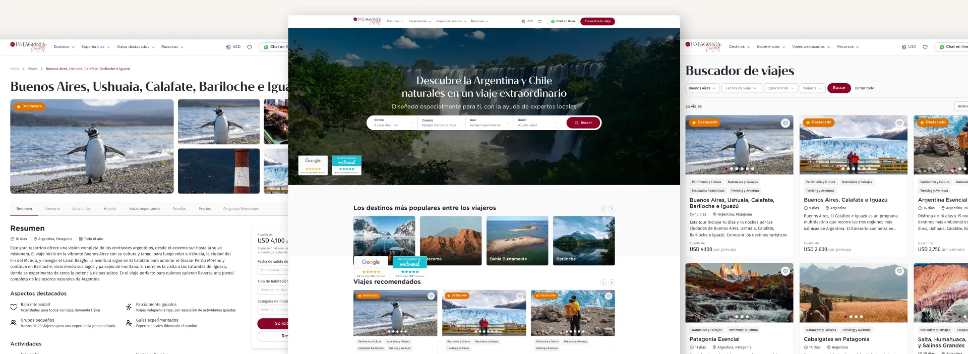 Website screenshots showcase travel packages for Argentina and Chile with images of penguins on a beach, glaciers, waterfalls, and scenic landscapes.