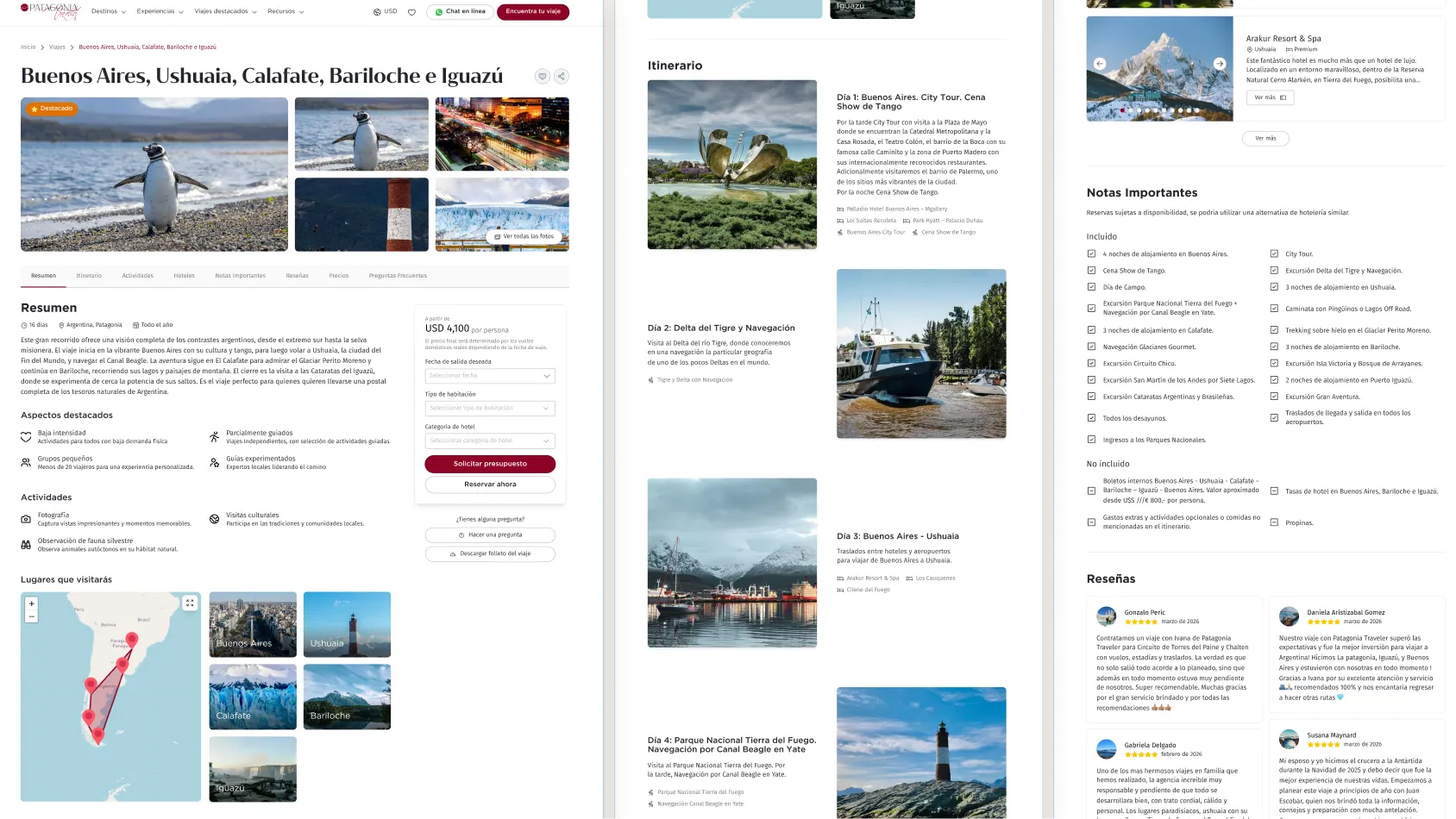 Travel webpage showing a Patagonia trip itinerary including Buenos Aires, Ushuaia, Calafate, Bariloche, and Iguazú with images, map, activities, and reviews.