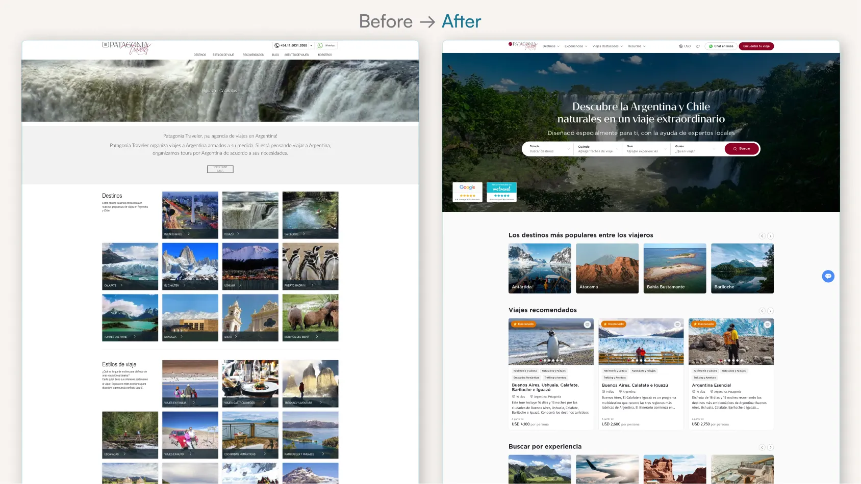 Comparison of Patagonia Traveler website before and after redesign showing a modernized layout with a nature background and organized travel options.