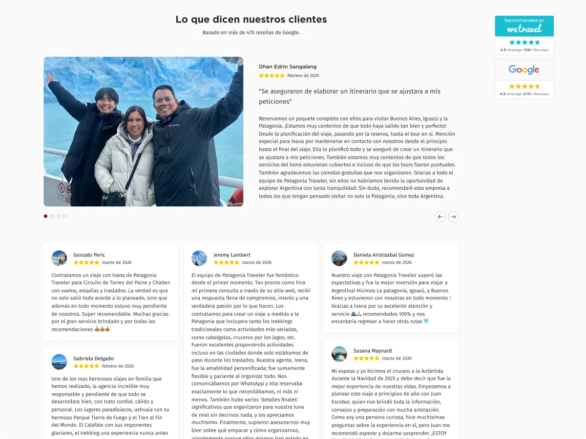 Website section showing customer testimonials with a photo of three smiling people in winter jackets in front of a glacier, and multiple written reviews praising Patagonia Traveler.