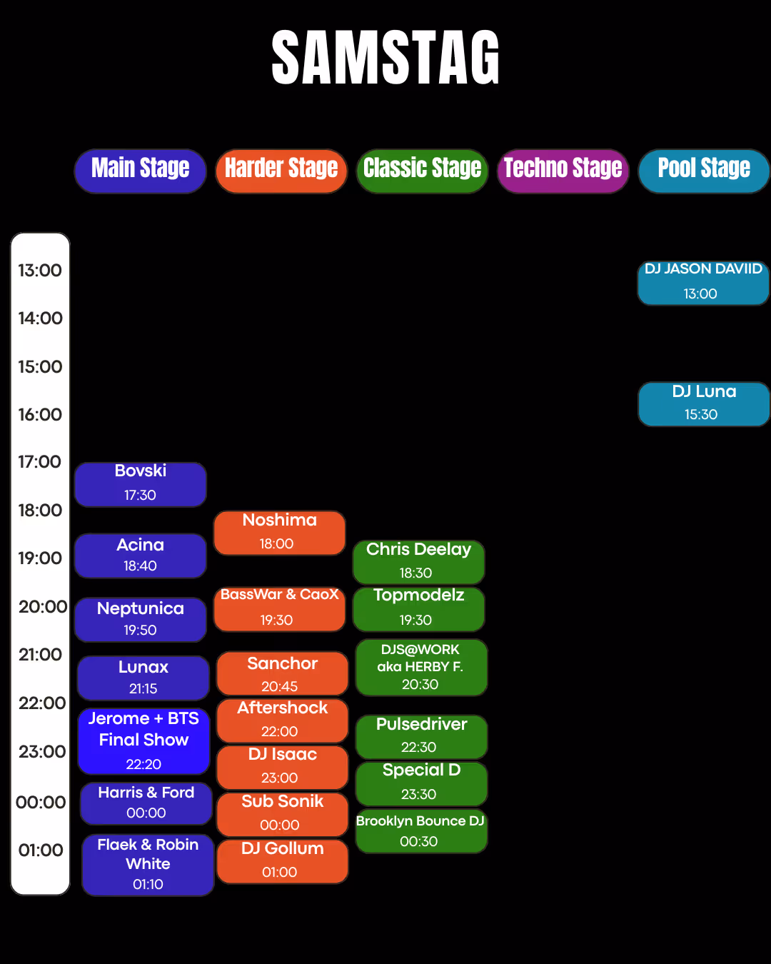 Samstag Bühnenzeitplan mit Künstlern und Zeiten von 13:00 bis 01:10 auf fünf Bühnen.