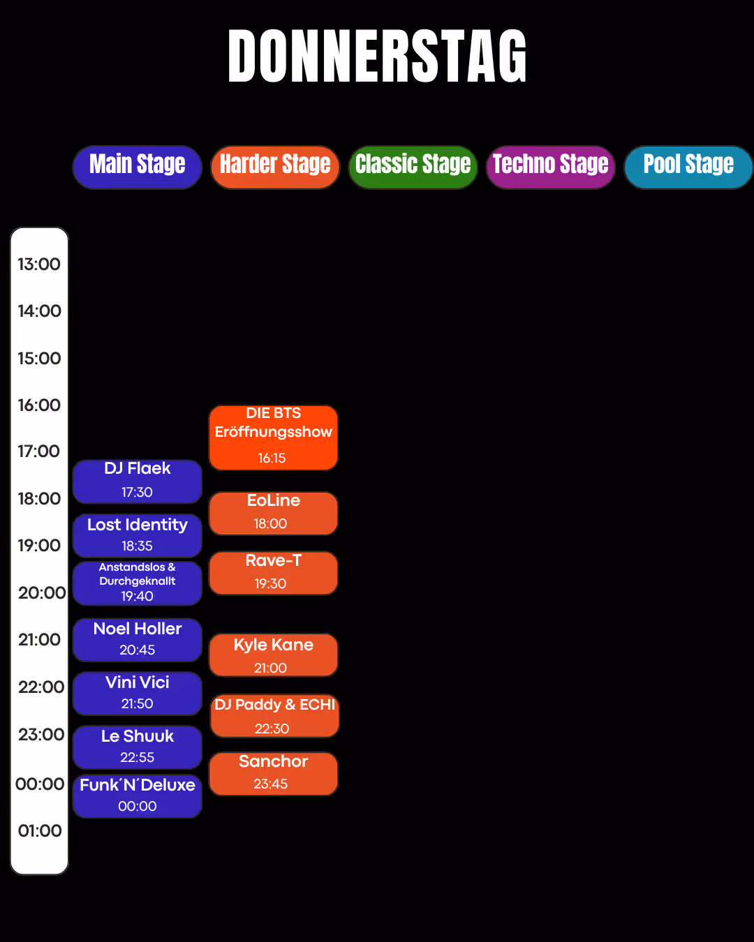 Donnerstag Zeitplan mit DJ Flaek, Lost Identity, Noel Holler, Vini Vici, Harder Stage Acts.