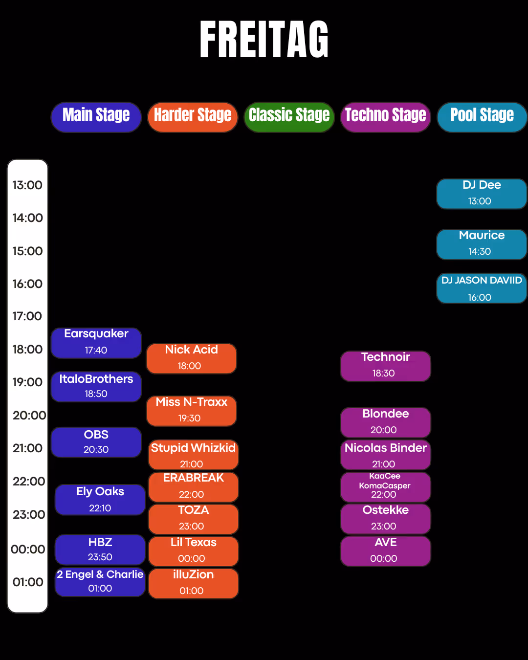 Freitag Zeitplan für Bühnen: Auftritte von DJ Dee, Nick Acid, Technnoir, ItaloBrothers und mehr.