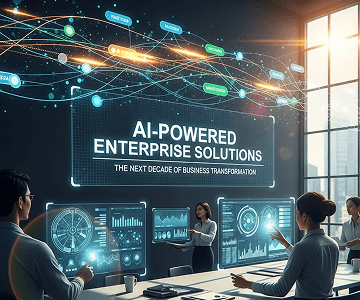 A team working in a high-tech office with large holographic data displays, illustrating AI-driven enterprise solutions.