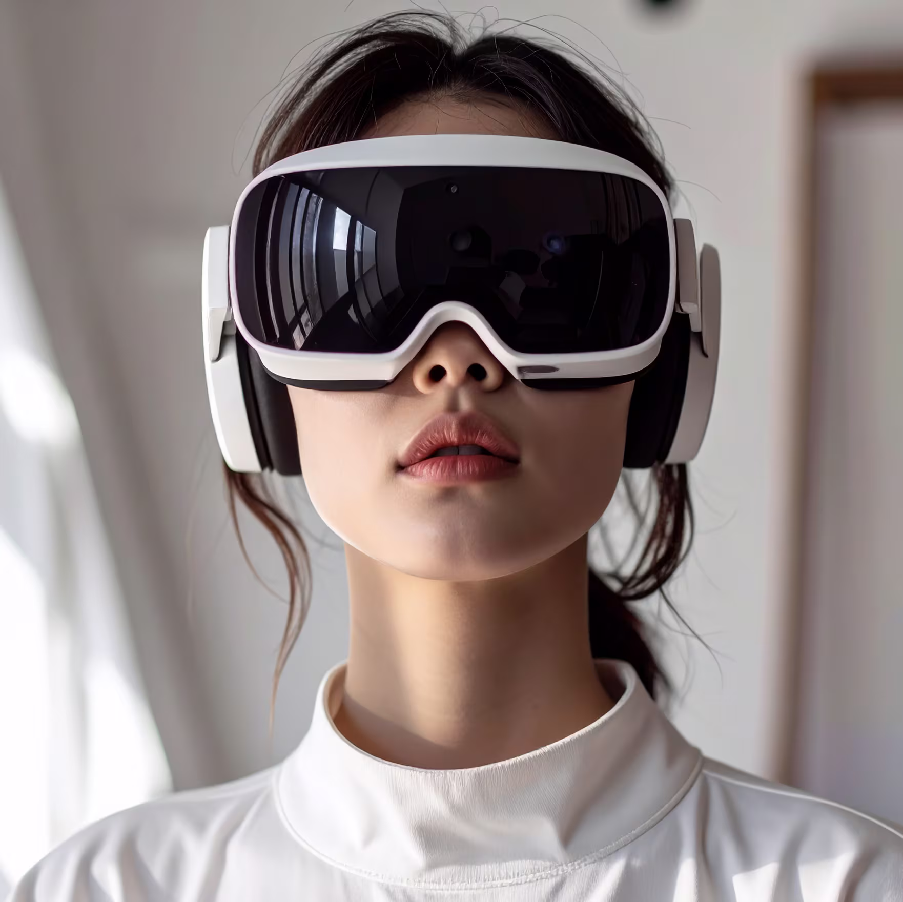 A woman using VR Googles experiencing the fascinating digital world of tomorrow.