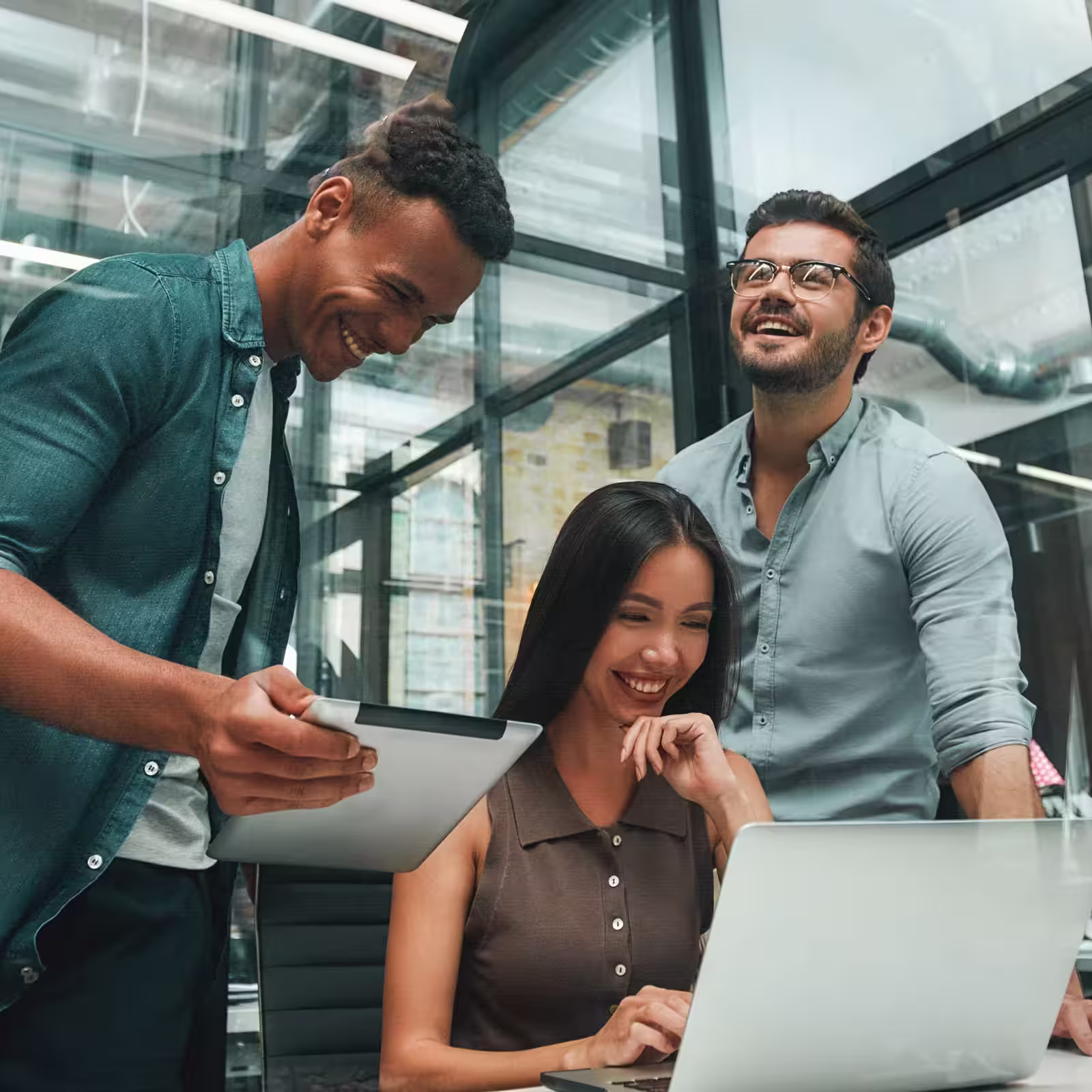 A modern work team having fun with emerging technologies.