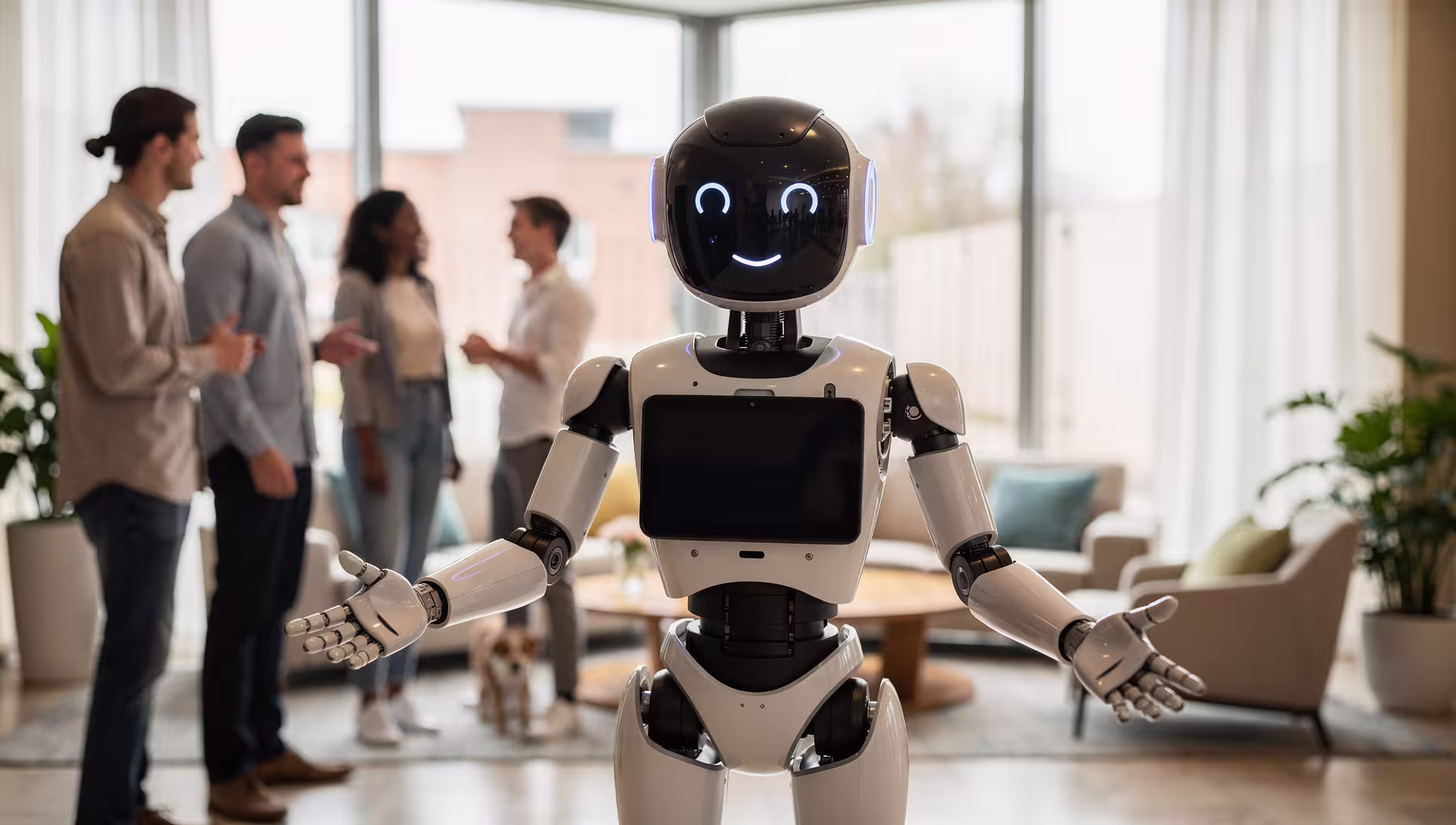Humanoid robot is greeting people in a company socially interacting.