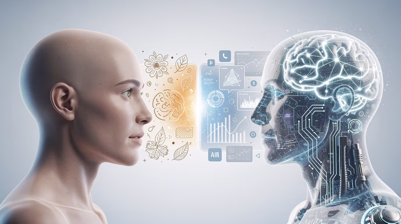 Gegenüberstellung von menschlichem Gesicht und KI-Kopf mit digitalen Schaltkreisen – symbolisiert den Vergleich von menschlicher und künstlicher Intelligenz
