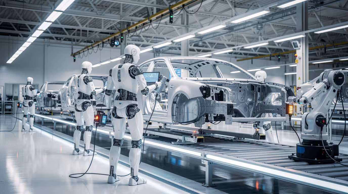 Humanoide Roboter arbeiten an einer Automobilfertigungslinie in einer modernen Fabrik
