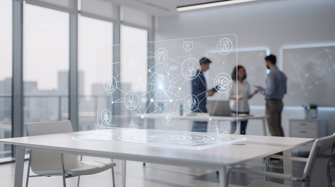 Team in einem modernen Büro mit holografischem KI-Netzwerk – symbolisiert agentische KI-Systeme in der Arbeitswelt