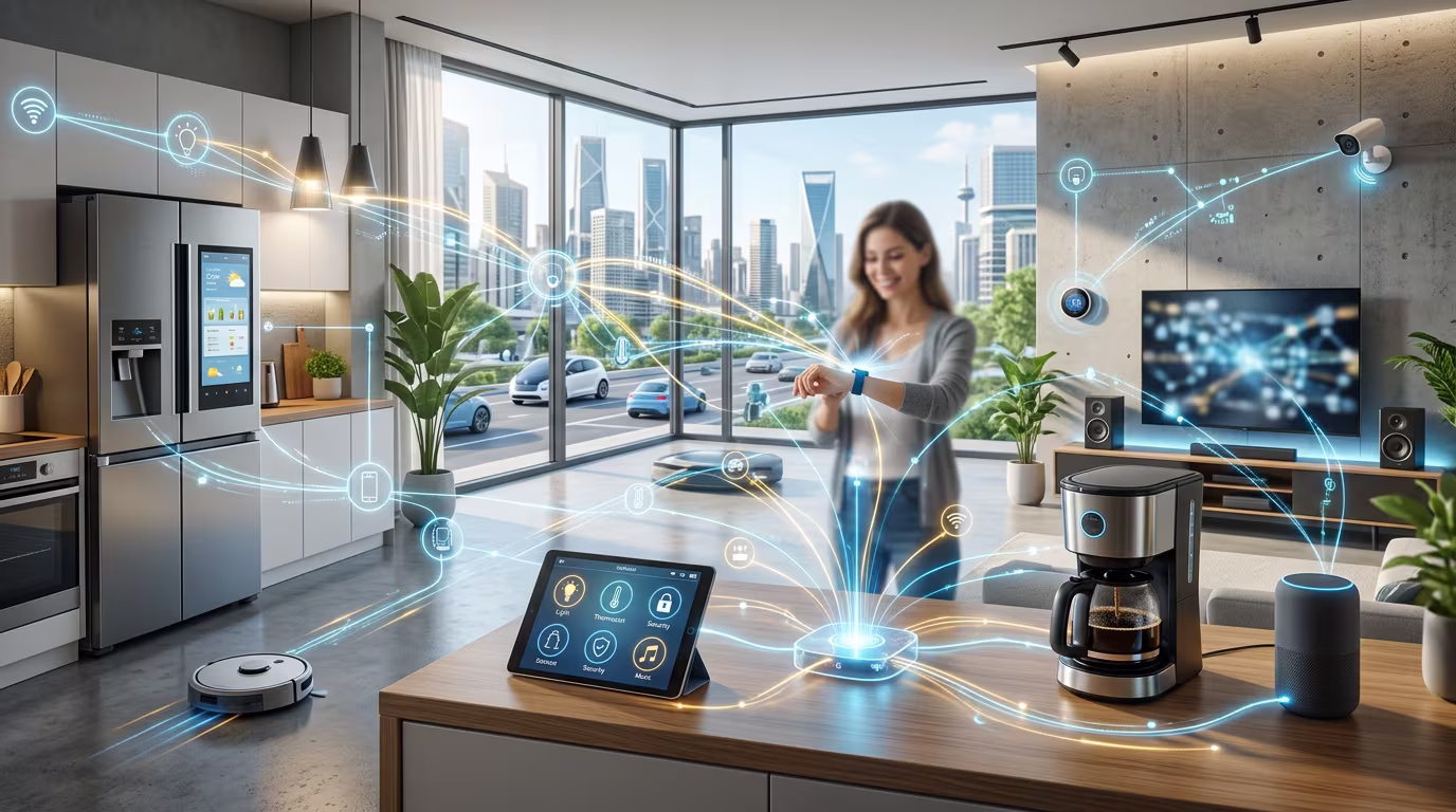 Smart home environment with connected devices linked by a wireless IoT network representing connected systems in everyday life