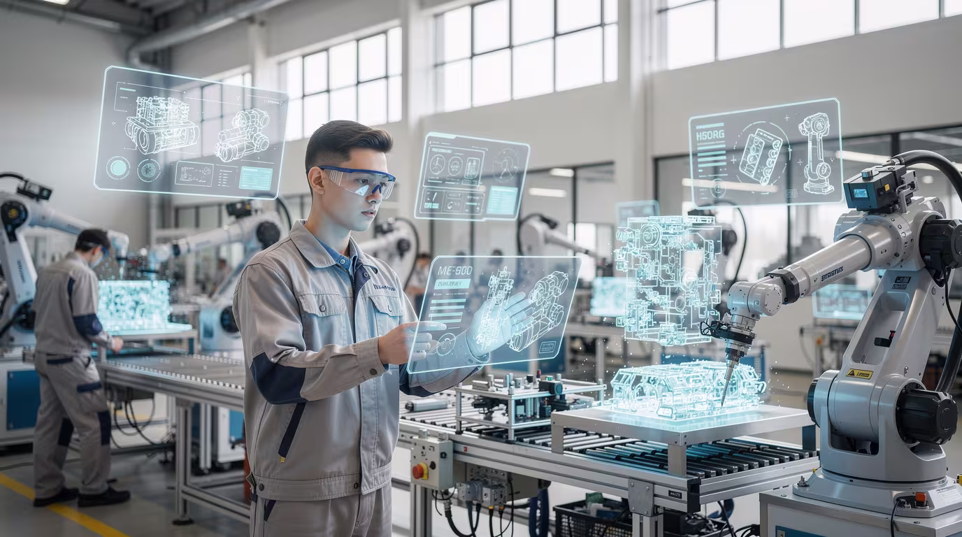 Industrial technician using augmented reality overlays to interact with machine components in a manufacturing environment