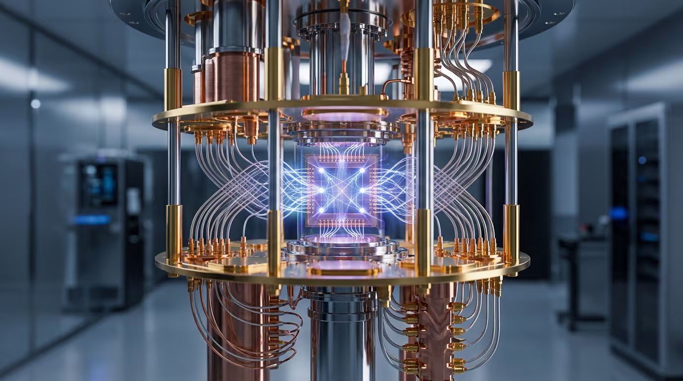 Quantencomputer-Hardware mit Kupfer- und Goldstrukturen in einem Forschungslabor