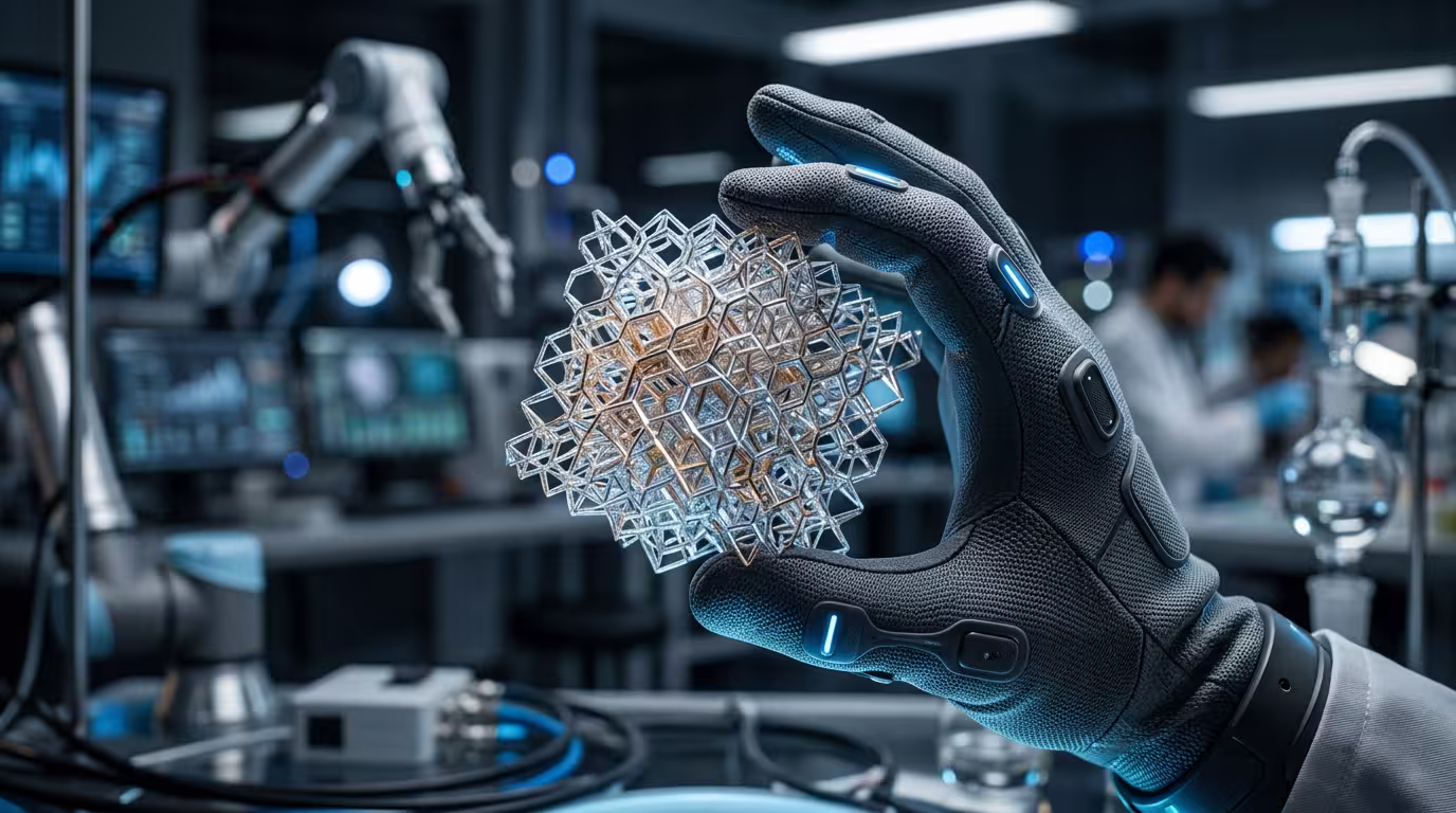 Forscher hält ein komplexes Gitterstruktur-Material im Labor – symbolisiert die Entwicklung von Zukunftsmaterialien