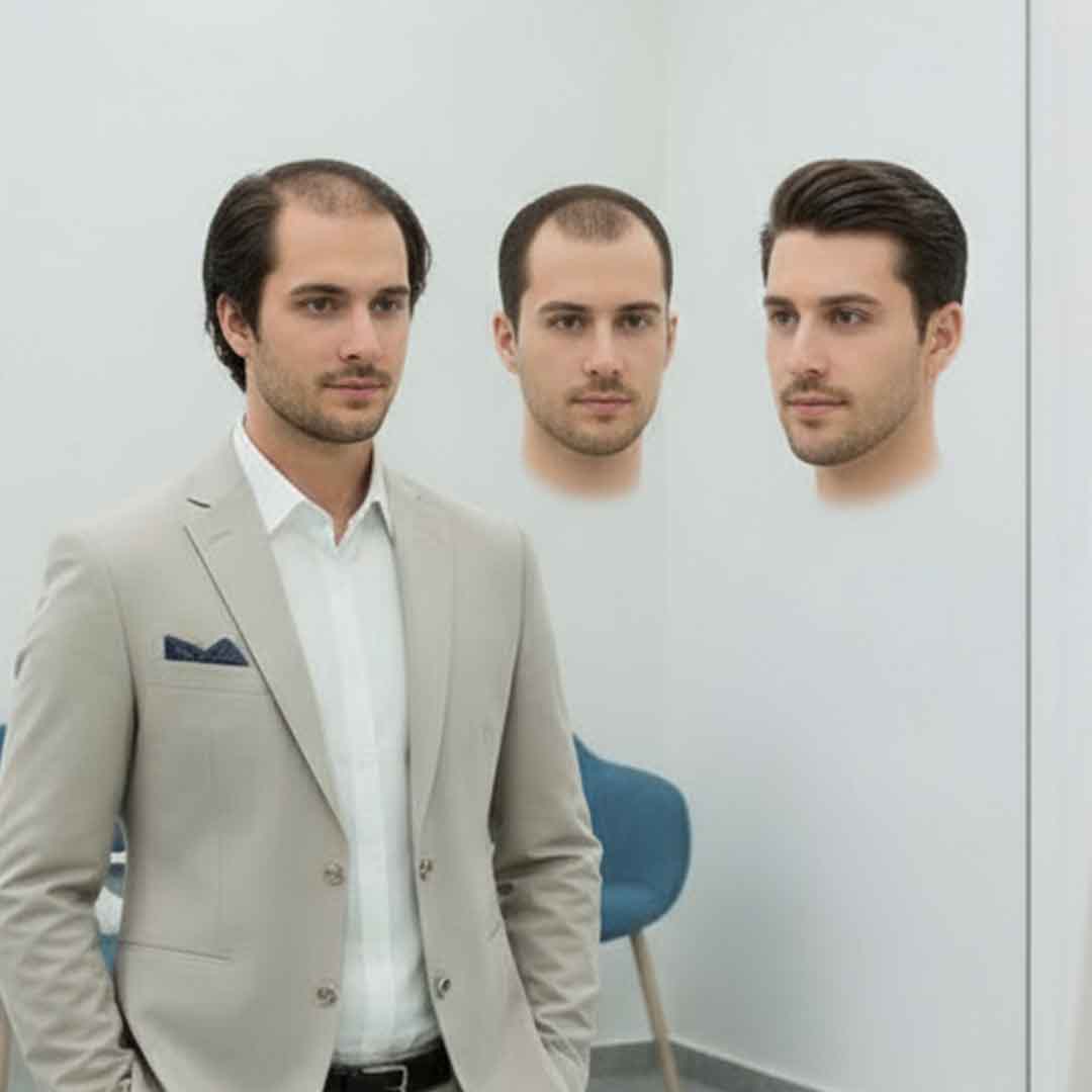 Mann mit drei varianten von Frisuren