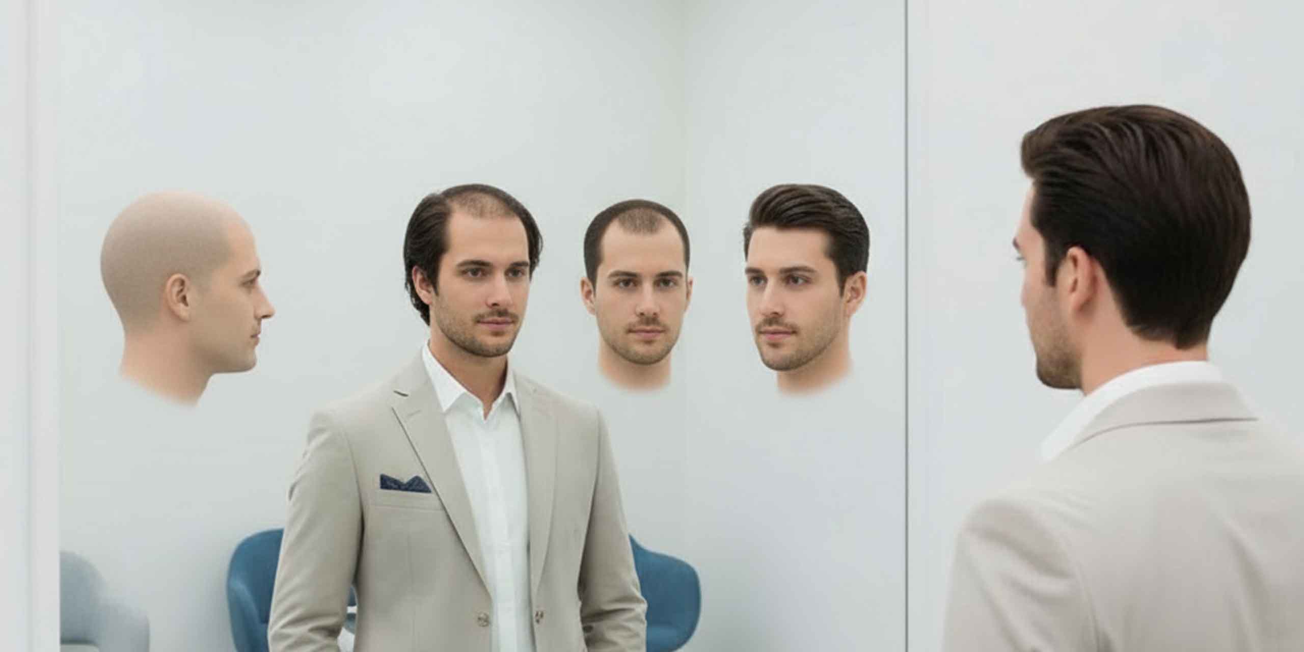 Mann mit drei varianten von Frisuren